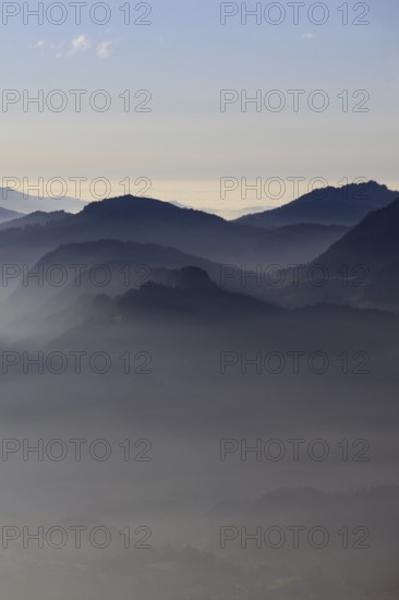 Mountain silhouettes... Alpine peaks and mountain ranges, Bavarian Alps, romantic view from Oberstdorf towards Kleinwalsertal, Allgäu Alps, Allgäu, Oberstdorf, Bavaria, Germany, Western Europe