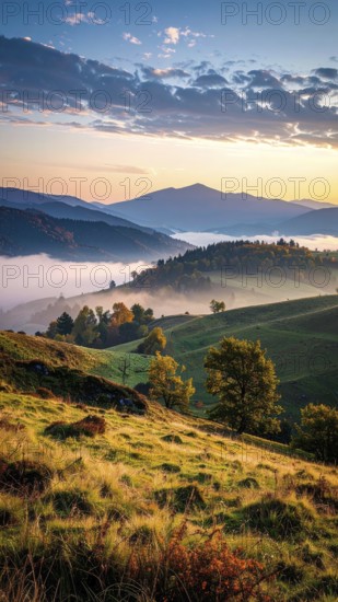 Mystical foggy landscape in autumn, colorful trees in fog, misty mood nature atmosphere, AI generated