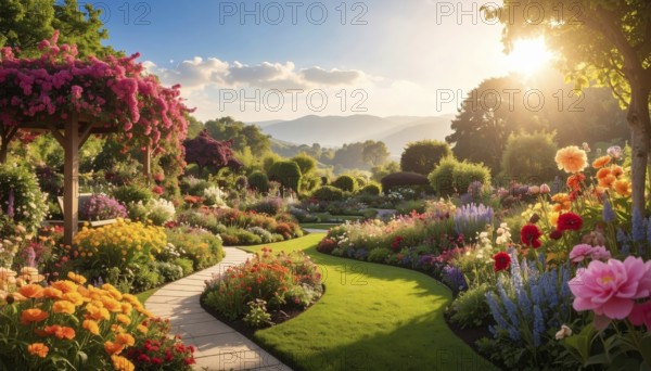 Bee-friendly garden design, colorful variety of blooming flowers in the summer, AI generated