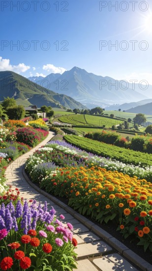 Bee-friendly garden design, colorful variety of blooming flowers in the summer, AI generated