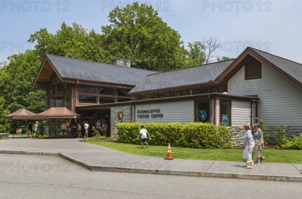 Exterior of the Oconaluftee Visitor Center at Great Smoky Mountains National Park near Cherokee, North Carolina