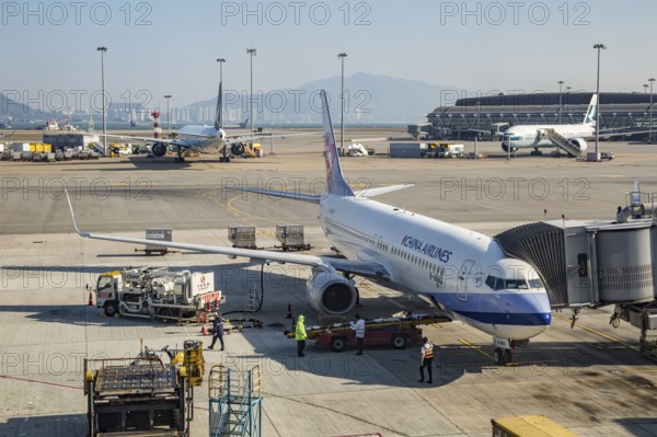 China Airlines jet on the tarmac at the Hong Kong International Airport in Hong Kong, China