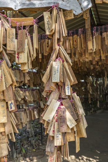 Plaques with messages from prrevious customers hang at entrance to the Akha Cottage restaurant and coffee shop in Chiang Rai, Thailand