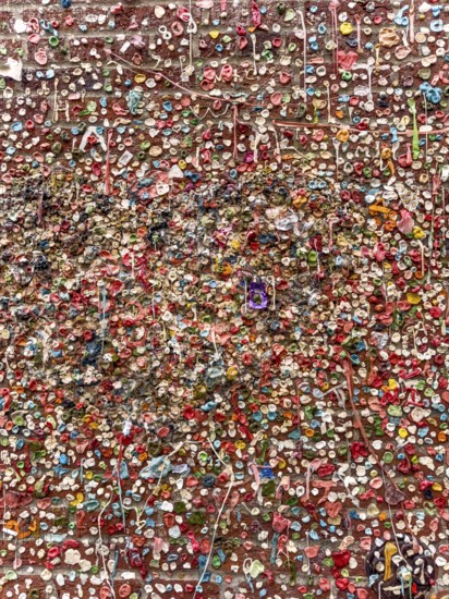 Stone wall with stick-on chewing gum, The Gum Wall, Seattle, Washington, USA, North America