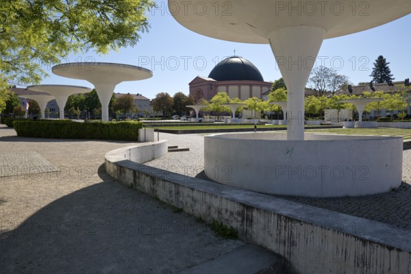 Georg-Büchner-Platz with white concrete mushrooms and St Ludwig's Church, public square, Darmstadt, Hesse, Germany