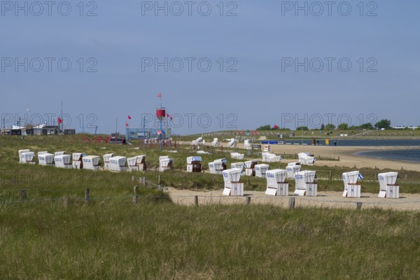 Beach chairs on the family lagoon, Perlebucht, Büsum, North Sea, Schleswig-Holstein, Germany