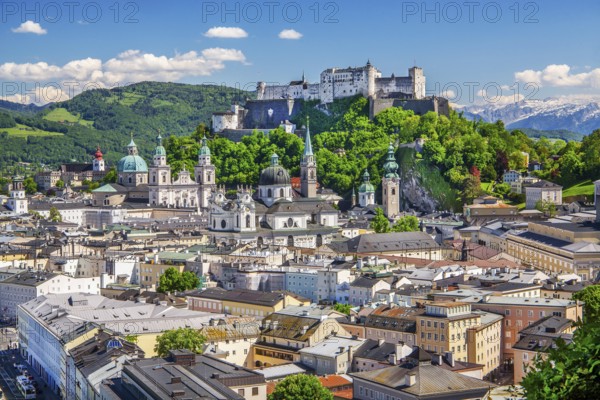 Panoramic view from the Mönchsberg with the churches of the old town and Hohensalzburg Fortress, Salzburg, Salzachtal, Salzburg County, Austria