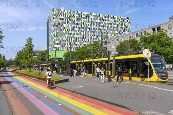 Rainbow cycle path through the university campus in Utrecht Science Park, 570 metres long, Utrecht University, the Utrecht University of Applied Sciences and UMC Utrecht University Hospital, set an example for acceptance, equal treatment and safety of the LHBTIQ+ community, public transport connection, Netherlands