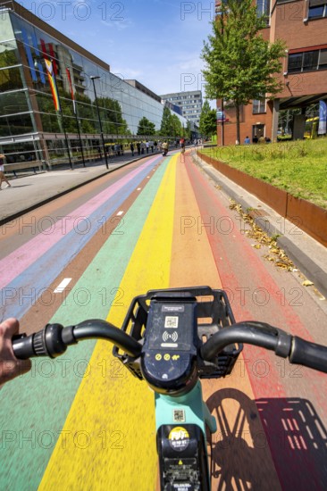 Rainbow cycle path through the university campus in Utrecht Science Park, 570 metres long, Utrecht University, Utrecht University of Applied Sciences and UMC Utrecht University Hospital, set an example for acceptance, equal treatment and safety of the LHBTIQ+ community Netherlands