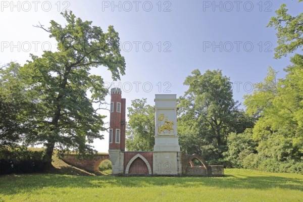 Gustavusburg, Swedish house and monument to Swedish King Gustav II Adolf, Sweden, golden equestrian figure, relief, forest, solitary, Waldersee, Dessau, Dessau-Roßlau, Saxony-Anhalt, Germany