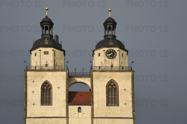 Towers of St Mary's Church UNESCO, twin towers, light atmosphere, town church, market square, Luther city Wittenberg, Fläming, Saxony-Anhalt, Germany