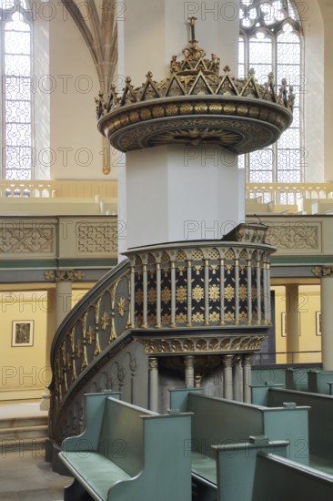 Pulpit with pulpit cover, UNESCO St. Mary's Church, interior view, pulpit bonnet, sounding board, pulpit canopy, arts and crafts, town church, market square, Luther city Wittenberg, Fläming, Saxony-Anhalt, Germany