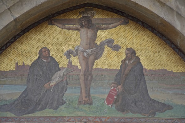 Detail of the theses door with inscription Martin Luther, wall mosaic, arts and crafts, church door, UNESCO, castle church, castle, Luther city Wittenberg, Fläming, Saxony-Anhalt, Germany