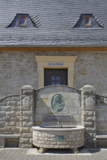 Historic Borlach Tower and museum with fountain and relief by Johann Gottfried Borlach, landmark, monument, Bad Dürrenberg, Saxony-Anhalt, Germany