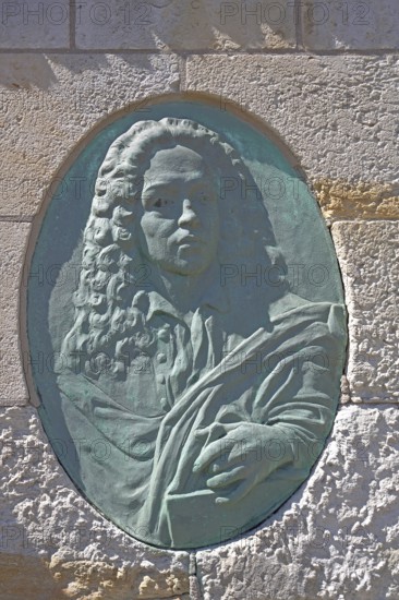 Relief of baroque geologist Johann Gottfried Borlach, head, monument, museum, Borlachturm, Bad Dürrenberg, Saxony-Anhalt, Germany