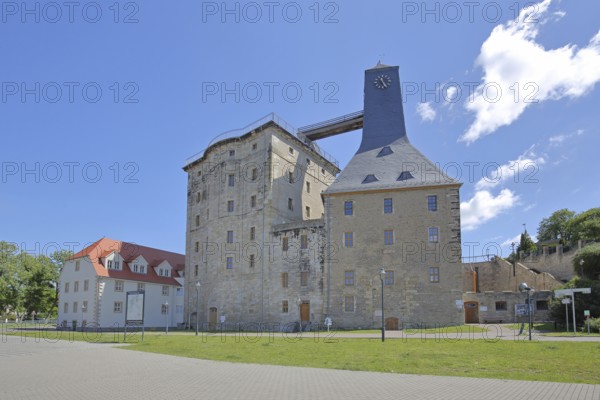 Historic Borlachturm with clock and Witzlebenturm, landmark, museum, Bad Dürrenberg, Saxony-Anhalt, Germany
