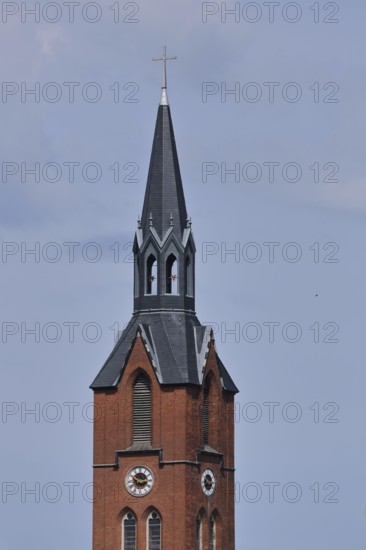 Tower of the neo-Gothic St Mary's Church, brick church, church tower, spire, town church, Gräfenhainichen, Saxony-Anhalt, Germany