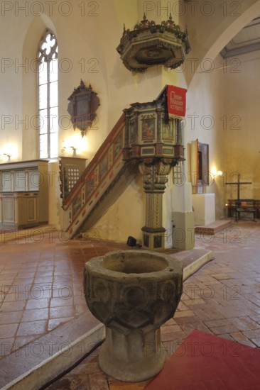 Pulpit with pulpit lid and baptismal font of the baroque St. Marien Stadtkirche, interior view, sounding board, pulpit canopy, Gräfenhainichen, Saxony-Anhalt, Germany