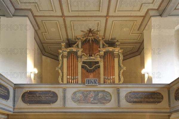Organ of the baroque St Mary's Church, interior view, Gräfenhainichen, Saxony-Anhalt, Germany