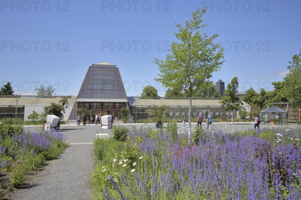 Strollers at the palm house in the spa gardens, tourists, pedestrians, Bad Dürrenberg, Saxony-Anhalt, Germany