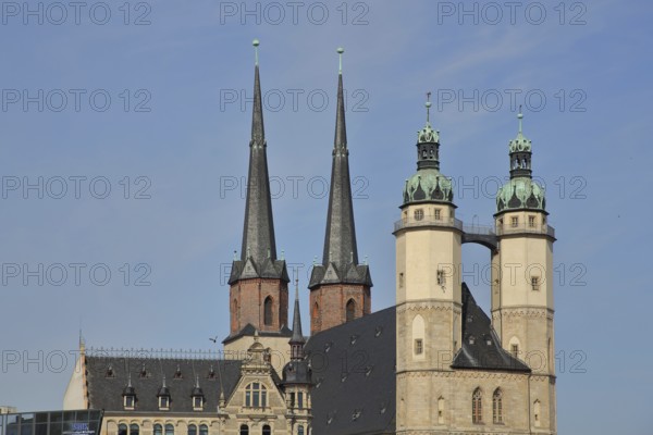 Late Gothic market church with two twin towers, four, towers, landmark, market square, Halle an der Saale, Saxony-Anhalt, Germany