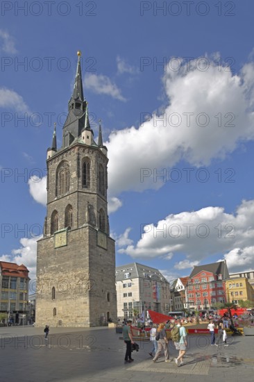 Red Tower on the market square with pedestrians, landmark, Halle an der Saale, Saxony-Anhalt, Germany