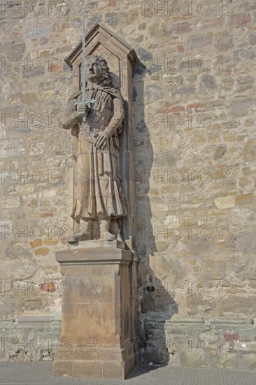 Roland statue on the Red Tower, Market Square, Halle an der Saale, Saxony-Anhalt, Germany