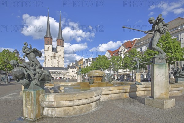 Late Gothic Market Church of Our Lady and Göbel Fountain by Bernd Göbel 1999, bronze sculptures, modern art, landmark, Hallplatz, Halle an der Saale, Saxony-Anhalt, Germany