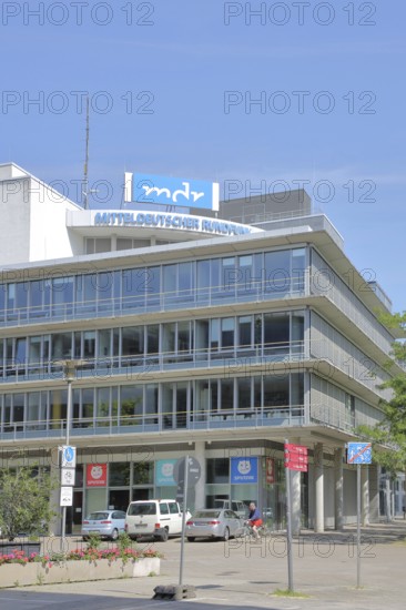 Modern building of the MDR, Mitteldeutscher Rundfunk, television station, roof, inscription, Halle an der Saale, Saxony-Anhalt, Germany