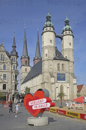 Market square with late gothic market church with twin towers, landmark, people, pedestrian, symbol, sign, banner, inscription, in love, in, love, heart, heart-shaped, symbol, love, love, relationship, five, towers, Halle an der Saale, Saxony-Anhalt, Germany