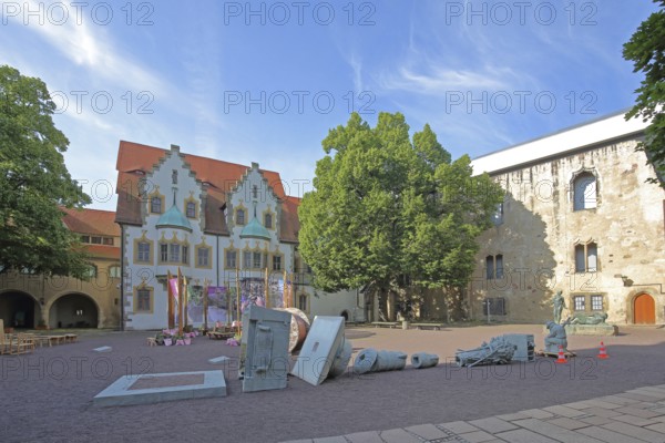 Art installation and sculptures in the inner courtyard of the art museum, Moritzburg, Halle an der Saale, Saxony-Anhalt, Germany