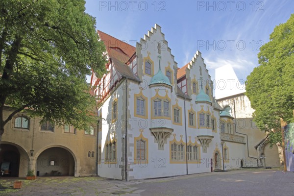 Inner courtyard of the historic Moritzburg built in 1484, building with oriel and stepped gableArt Museum, Moritzburg, Halle an der Saale, Saxony-Anhalt, Germany