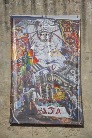 Painting The Vision of Mikolaj Sobczak 2025, modern art, banner, mural, abstract art, inscription, basta, enough, appeal, call, memorial, courtyard, art museum, Moritzburg, Halle an der Saale, Saxony-Anhalt, Germany