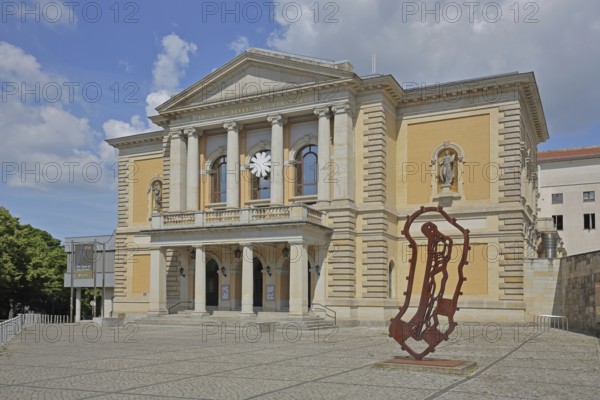 Opera House with sculpture Reliquie Mensch by Michael Morgner 2011, rusty steel sculpture, Modern Art, Abstract Art, Halle an der Saale, Saxony-Anhalt, Germany