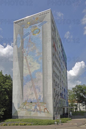 Mural by Danilo Halle 2019 on skyscraper, street art, graffiti, satellite, space probe, ladder, figures, hold, rope, high, climb, height, sky ladder, Voßstraße, Halle an der Saale, Saxony-Anhalt, Germany