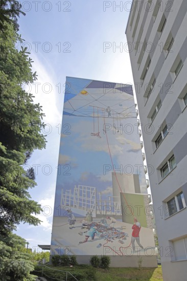 Mural by Danilo Halle 2019 on skyscraper, street art, graffiti, figures, hold, rope, high, sky, kite, sky ladder, Voßstraße, Halle an der Saale, Saxony-Anhalt, Germany