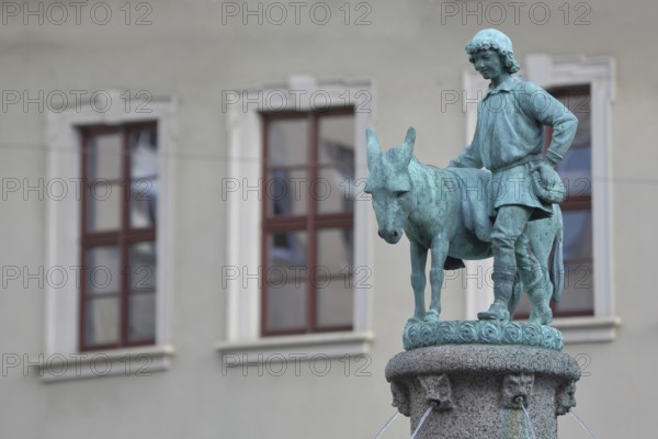 Donkey fountain by Heinrich Keiling 1905, donkey figure with shepherd, shepherd, donkey figure, water jets, sculpture, fountain, detail, Alter Markt, Halle an der Saale, Saxony-Anhalt, Germany