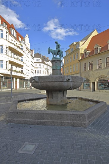 Donkey fountain by Heinrich Keiling 1905, donkey figure, donkey figure, sculpture, fountain, houses, Alter Markt, Halle an der Saale, Saxony-Anhalt, Germany