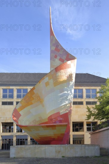 Sculpture flag monument created 1967, flame of revolution, modern art, colourful, spiral, pointed, large sculpture, Halle an der Saale, Saxony-Anhalt, Germany