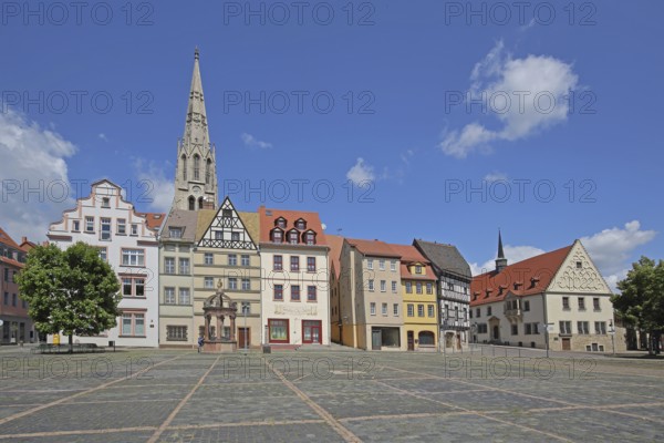 Market square with historic houses, old town hall and steeple of St Maximi's Church, Merseburg, Saxony-Anhalt, Germany