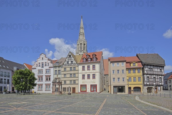 Market square with historic houses and steeple of St Maximi's Church, Merseburg, Saxony-Anhalt, Germany