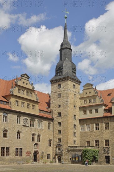 Inner courtyard with tower of the castle built in 1265, art history museum, landmark, Merseburg, Saxony-Anhalt, Germany