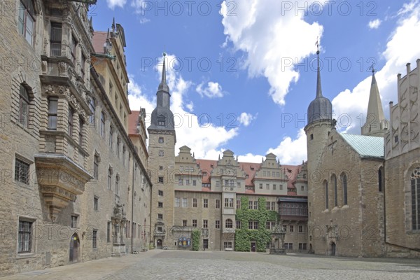 Inner courtyard with tower of the castle built in 1265 and cathedral, art history museum, landmark, Merseburg, Saxony-Anhalt, Germany
