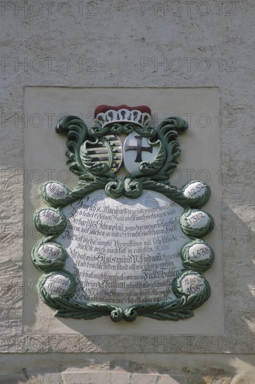 Coat of arms with text at the entrance to the castle and museum, detail, Lützen, Saxony-Anhalt, Germany