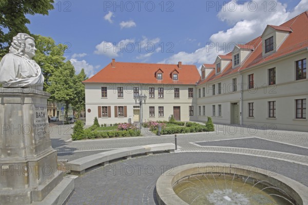 Bach monument, bust, Johann Sebastian Bach, sculpture, inscription, year, fountain, memorial, Bachplatz, Köthen, Saxony-Anhalt, Germany