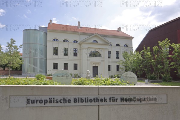 European Library of Homeopathy and monument to the physician, doctor and founder of homeopathy Samuel Hahnemann, inscription, building, Köthen, Saxony-Anhalt, Germany