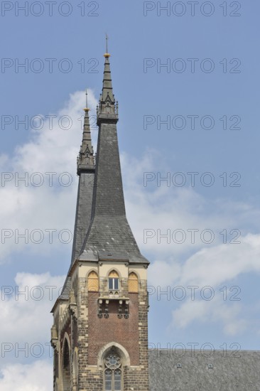 Church towers of the late Gothic St Jacob's Church, Köthen, Saxony-Anhalt, Germany