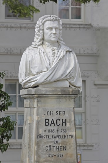 Bach monument, bust, Johann Sebastian Bach, sculpture, inscription, date, memorial, Bachplatz, Köthen, Saxony-Anhalt, Germany
