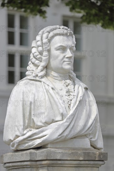 Bach monument, bust, Johann Sebastian Bach, sculpture, inscription, memorial, Bachplatz, Köthen, Saxony-Anhalt, Germany