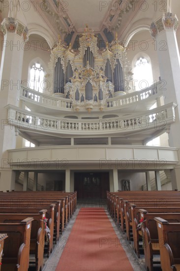 Organ of the baroque town church, pulpit dome, soundboard, pulpit canopy, interior view, St Wenceslas, town church, Saale, Naumburg, Saxony-Anhalt, Germany